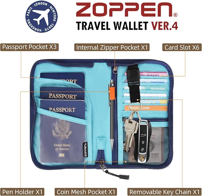 ZOPPEN Passport Holder Family RFID Passport Wallet, Passport Holder Women/Men, Travel Wallet Documents Organizer Zipper Case with Removable Wristlet Strap, Travel Essentials for Flying