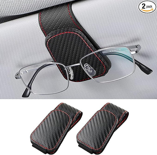 2PCS Sunglasses Holders for Car Sun Visor, Leather Eyeglasses Hanger Mounter, Magnetic Glasses Holder and Ticket Card Clip, Universal Auto Interior Accessories (Carbon Fibre, 2PCS)