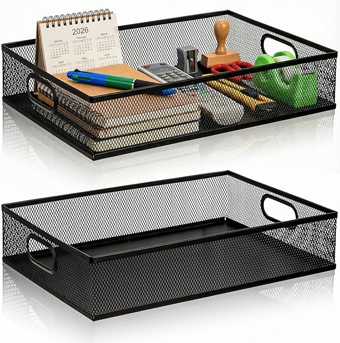Elsjoy 2 Pack Desk Drawer Organizer Tray, Metal Mesh Desktop Storage Tray Office File Organizer with Handle, Portable Large Storage Basket for Office Supplies, Craft, Magazine, Paper
