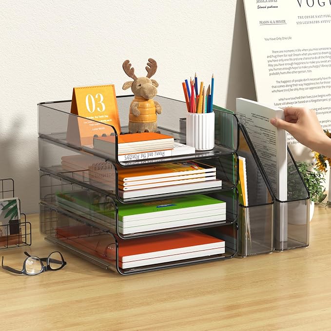 FANXIYQ 4-Tier Brown Acrylic Paper Tray Organizer with Bookends, Stackable Letter Tray Organizer for Desk, Acrylic File Organizer & Office Paper Organizer, Desk Accessories for Home Office