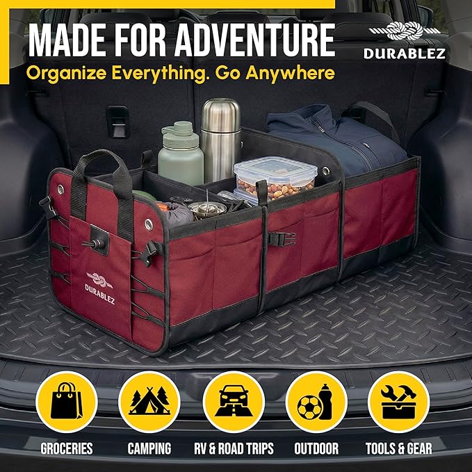 XL Trunk Organizer 3-Section for SUV, Truck, Sedan, Van – Modular L-Shape Car Storage Box, Collapsible Auto Cargo Organizer with Dividers – Cherry