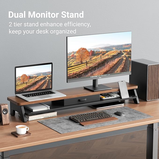 AFOOYO Dual Monitor Stand Riser,LED 2-Tier 39.3 Inch Computer Monitor Stand for 2 Monitors,Office Desktop Organizer with Storage Drawer and Phone Holder for Laptop,PC,Computer,Printer,Walnut