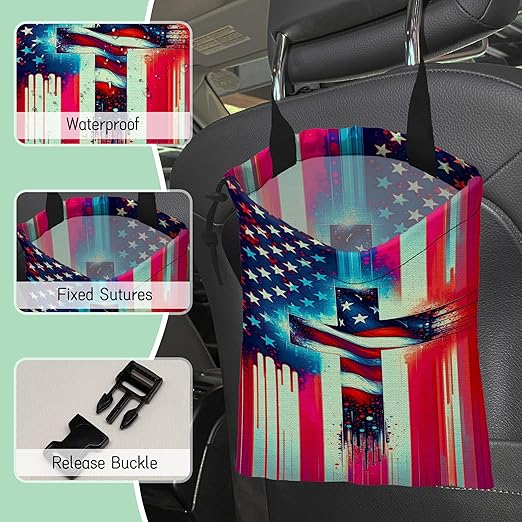 American Flag Cross Car Garbage Bag,Waterproof Small Car Trash Bag Hanging Back of Seat,Drawstring Hanging Car Trash Bag with Adjustable Buckle for Car Accessories