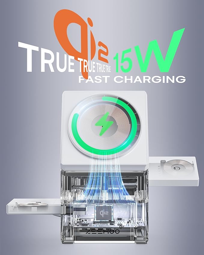 ZEEHOO 3 in 1 Charging Station, for iPhone Charging Station, for Apple MagSafe Charger, Qi2 Certified, 15W Fast Wireless Charger, for Apple Watch, for iPhone 17,16,15,14,13,12 Series, AirPods (White)