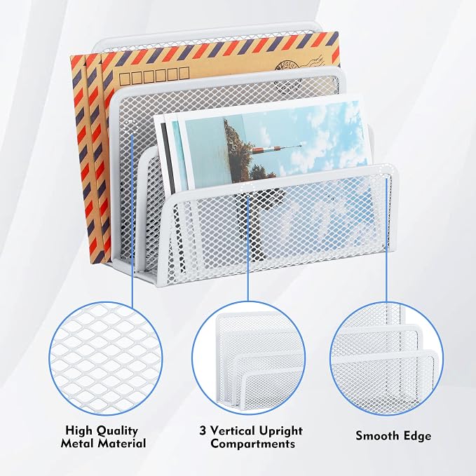EASEPRES Desk Mail Organizer, Office Small Desktop Metal Mesh Envelope Letter Sorter Paper File Holder Organizer with 3 Vertical Upright Compartments, White 2 Pack