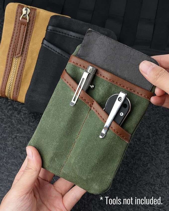 SAYRAM SP9 Pocket Organizer, Waxed Canvas EDC Pouch, Zipper Pocket Organizer Pouch for Men, Slim EDC Organizer for Coins, Notebook, Multitool, Tactical Pen