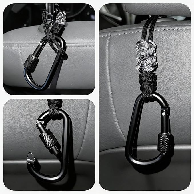 Car Seat Back Hooks 2 Pack - Heavy Duty Rope & Metal Buckle Car Hangers, No Wobble Multi-Purpose Organizer for Grocery Bags, Backpacks, Umbrellas, Trash Bags (Fit Most Vehicles) Black