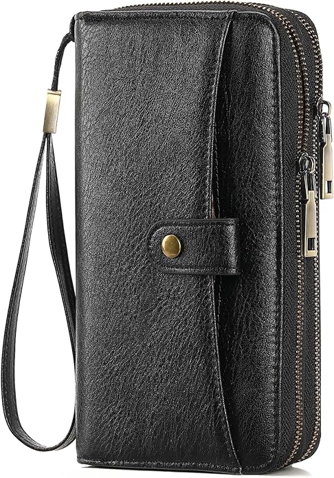 GAEKEAO Womens Wallet Large Capacity Double Zipper Ladies Card Phone Holder RFID Blocking Leather Clutch Wristlet Grip Strap