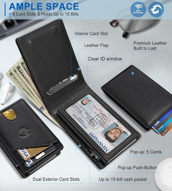 Wallet for Men, Slim Pop Up Card Holder with RFID Blocking, Minimalist Bifold Wallet with 9 Card Slots, ID Window and Cash Pocket, Metal Flip Case with Magnetic Closure, Gift Box