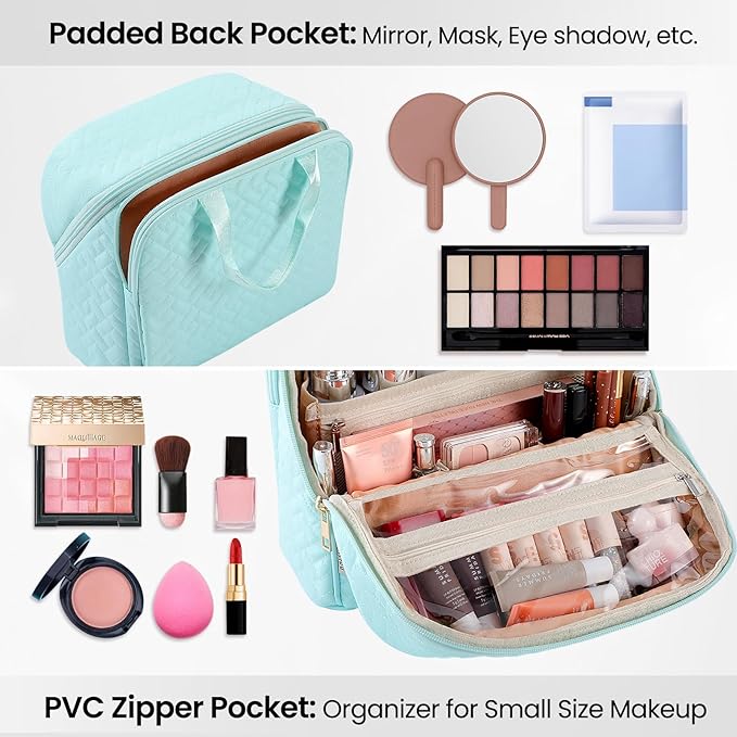 Makeup Bag, Stand up Large Capacity with Room for Brushes and Mirror, Travel Makeup Organizer, Portable Standing Make Up Case, Waterproof Cosmetic Toiletry Bags with Handle, Color Mint Green