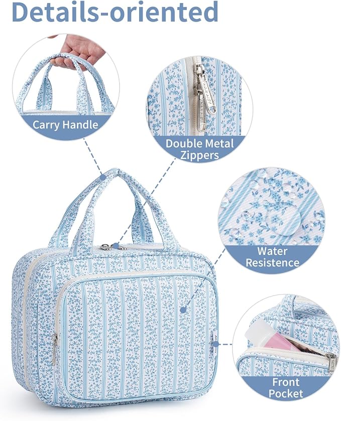 Narwey Hanging Toiletry Bag for Women Travel Makeup Bag Organizer Toiletries Bag for Travel Size Essentials Accessories Cosmetics (Blue Flower Buds (Medium))