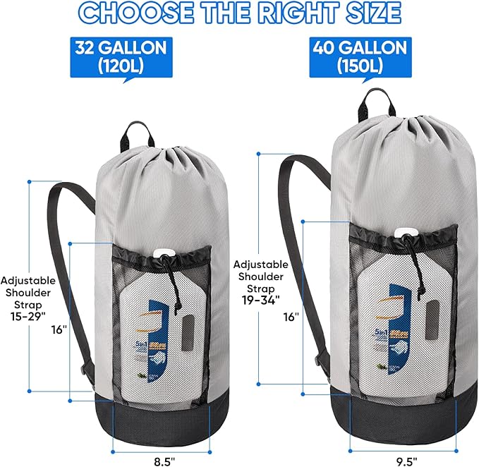 BALEINE 2PK 120L Laundry Bag Backpack, 900D Oxford Fabric Large Travel Laundry Bags with Shoulder Straps and 2 Mesh Pockets (Gray, 120L)