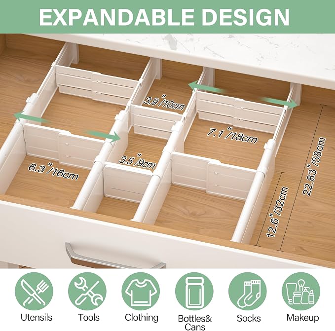 Adjustable Drawer Dividers With Inserts, 4'' High Expandable Drawer Organizers for Clothes, 5 Pack 12.6-22.8'' Long Dividers with 3.9-7.1'' Inserts, Drawer Separators for Socks/Tools