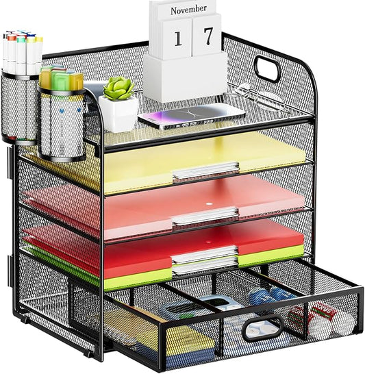 Lavatino 5 Tier Paper Organizer for Desk, Letter Tray with Drawer and 2 Pen Holders, Mesh File Sorter, Desktop Document Shelf Storage Organization Office School Home Black with Drawer