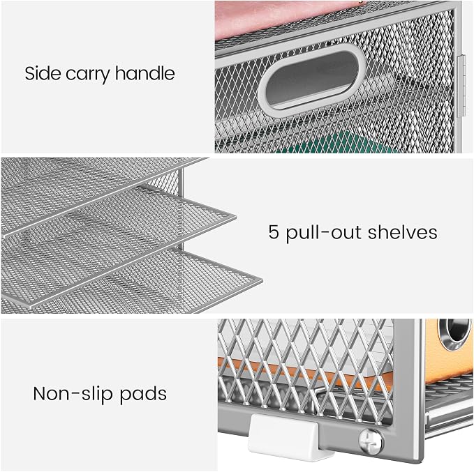 Lavatino 8-Tier Office Desk File Organizer, Letter Tray Paper Organizer with Handle, Including 5 Adjustable Slide Trays for Organizing Desktop Workspace Accessories and Supplies (Silver Metal Mesh)