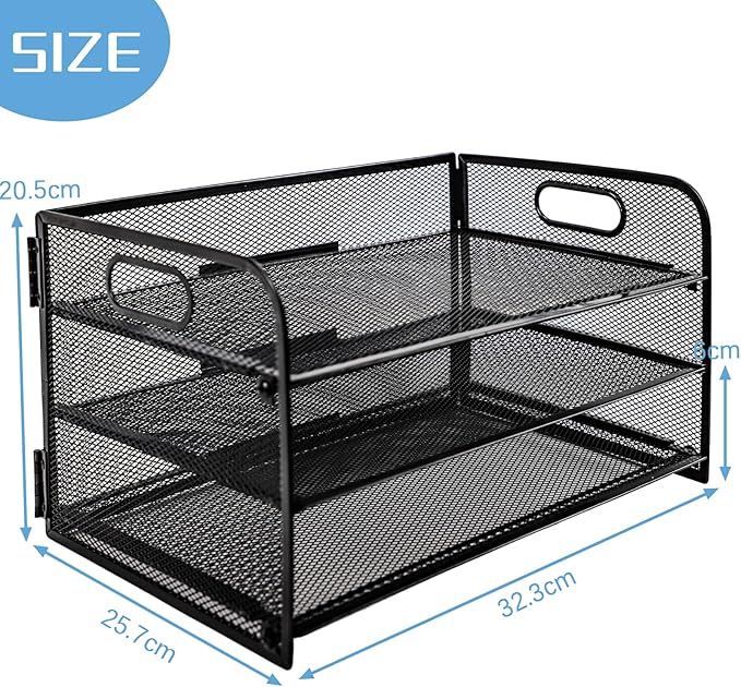 3 Tier Desk Organiser with Handle, Pull-Out Mesh File Organizer for Letter Tray Organizer Mesh Desk Organiser Tray Paper Storage Rack for A4 File Office Supplie, Black