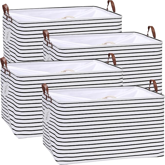 Hinwo 4-Pack Extra Large Canvas Fabric Storage Baskets with Handles, 70L Oversized Storage Bins, Collapsible Storage Box, Clothes, Toys, Blankets Organizers, 22 x 15 x 13 inches, (Black Stripe)