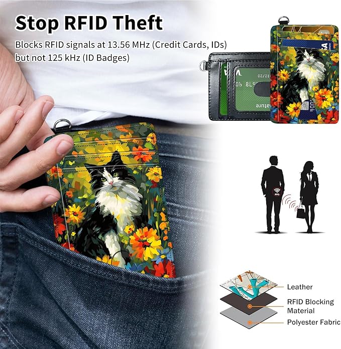 Slim Minimalist Front Pocket Wallet,Credit Card Holder Wallet for Women Men,RFID Blocking Credit Card Holder Case Leather Cute Small Thin Wallet ID Window&Wrist Strap,Watercolor Cat Flower