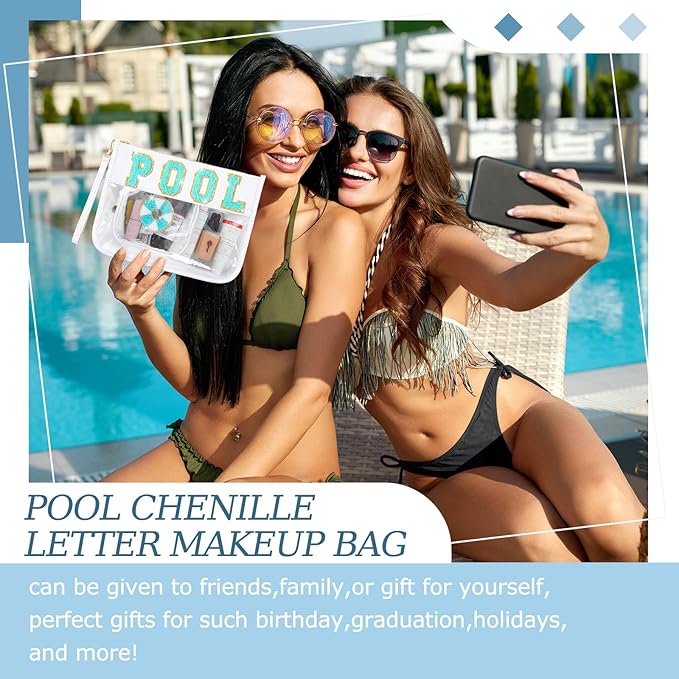 Hillban 2 Pcs Pool Bag Makeup Cosmetic Bag Clear Sunscreen Toiletry Zipper Pouch Beach Travel Summer Stuff Preppy Chenille Letter Patch Pouch PVC Waterproof Organizer Storage Mini Purse for Women