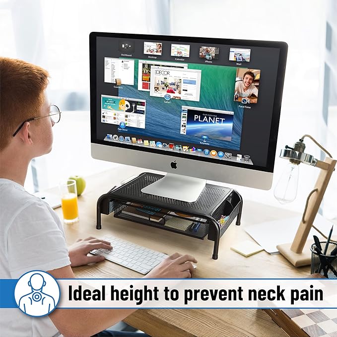 Mr. Pen- Metal Mesh Monitor Stand With Drawer, Computer Stand for Desk With Storage, Desktop Riser
