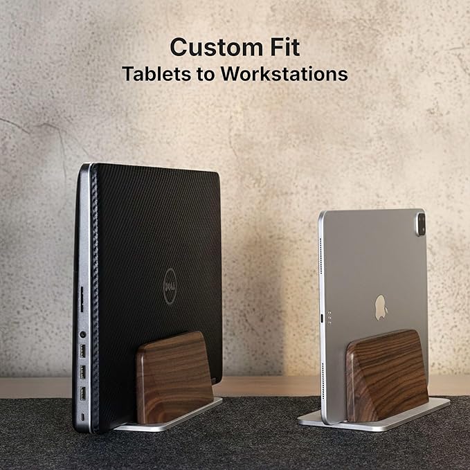 Vertical Laptop Stand, Solid Black Walnut Body & Silver Anodized Aluminum Base, Metal Laptop Holder Vertical for Desk - Adjustable Dock (0.47"-1.57" Width) Fits Most Laptops, MacBooks