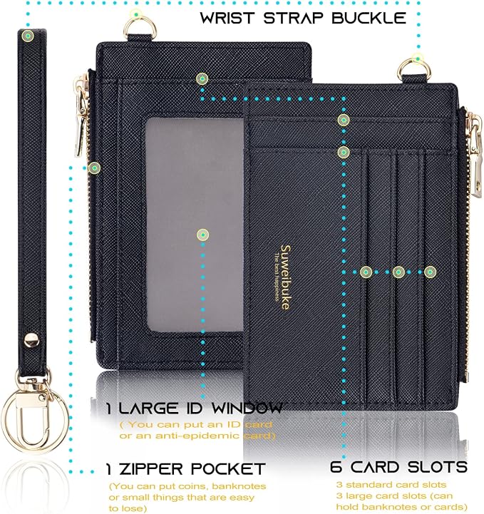 Wikavanli Women Slim Rfid Blocking Credit Card Case Holder Wristlet Zip ID Case Wallet Small Compact Leather Wallet Coin Purse with Keychain (Black a)