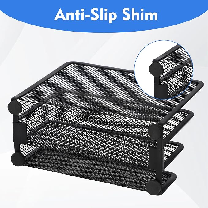 EASEPRES Desk Mail Organizer, Office Small Desktop Metal Mesh Envelope Letter Sorter Paper File Holder Organizer with 3 Vertical Upright Compartments, Black 2 Pack