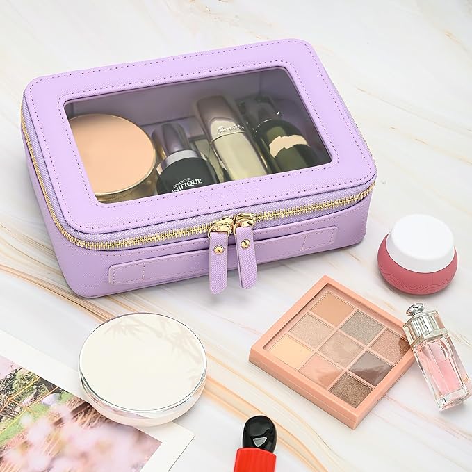 Aveniee Clear Makeup Bag Organizer, Travel Toiletry Bag Cosmetic Case for Women, Make Up Skincare Pouch Car Organizer Bag with Zippers for Essentials,Lilac,Medium Classic