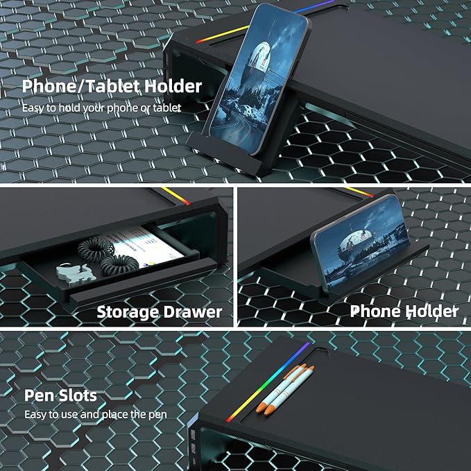 Heymaster Gaming Monitor Stand Riser with RGB Light, USB HUB Type-C Data Port, Adapter Charging, Foldable Adjustable Length Computer Monitor Phone Stand Storage Drawer & Pen Slot