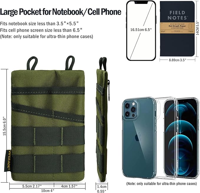 VIPERADE VE3 Tool Pouch Pocket Organizer, Nylon Tool Belt Loop Pouch with 4 Pockets Tool Storage EDC Pouch for Flashlight/Pocket Knife, Tactical Pen, Notebook (OD Green)