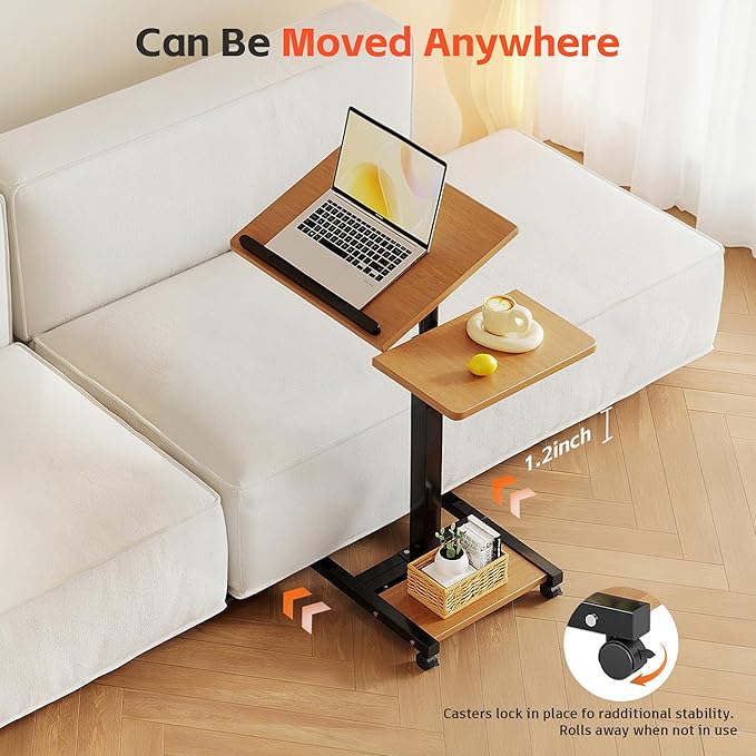 Laptop Desk Stand for Bed Portable Desk Overbed Bedside Mobile Laptop Table Rolling Foldable Table Adjustable Height with Locked Wheels & Mouse Pad for Office Sofa (Natural Color)