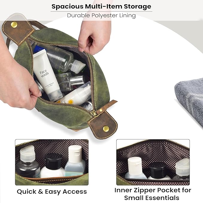 LEATHER VILLAGE Genuine Leather Dopp Kit for Men & Women with Waterproof Lining – Distressed Travel Toiletry Bag, Shaving & Bathroom Essentials Organizer - Distressed Green