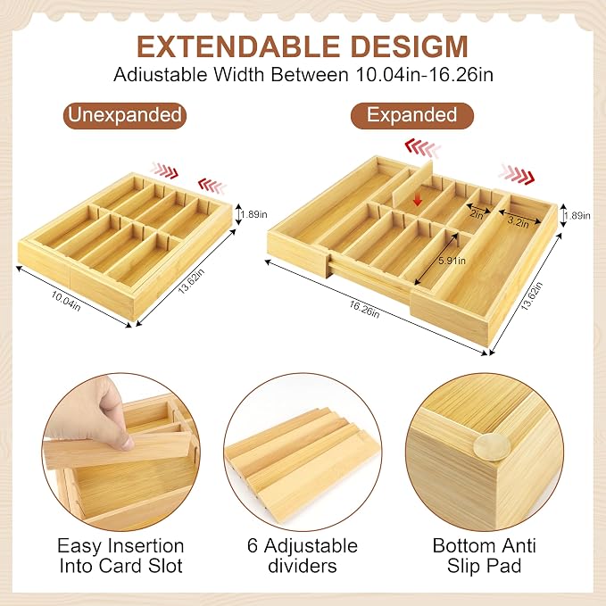 TREWAVE Bamboo Desk Drawer Organizer, Expandable Drawer Organizer Tray with Adjustable Dividers, Wooden Storage Organizers for Office Supplies, Crafts, Makeup & Kitchen Cutlery, 12.6" - 15.6" Wide