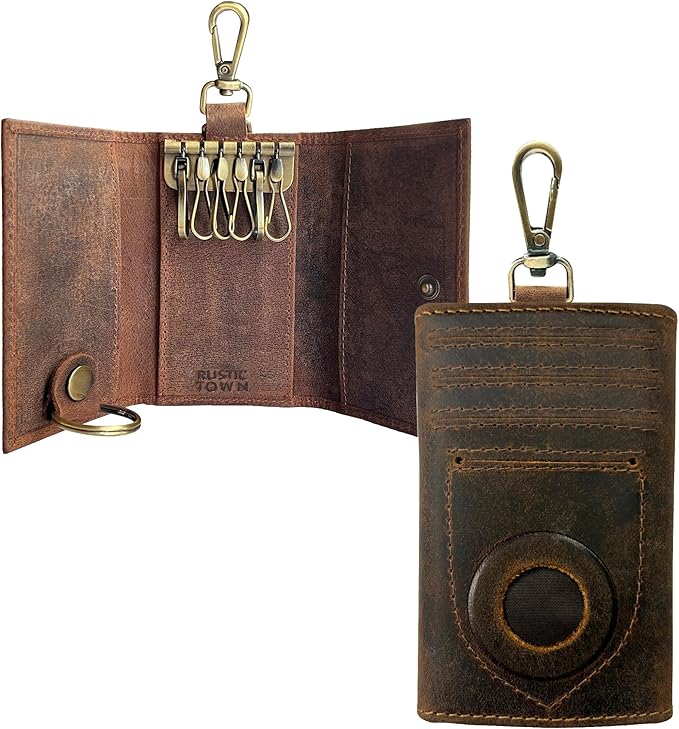 RUSTIC TOWN Leather Key Holder - Smart Fob Car Key Loop Wallet Slim Keychain Pouch - Practical Key Organizer for Men & Women