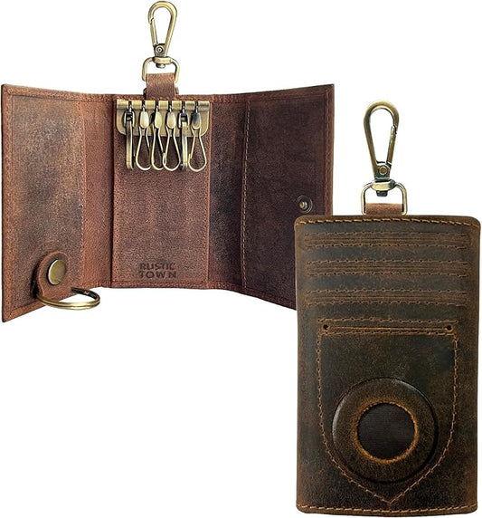 RUSTIC TOWN Leather Key Holder - Smart Fob Car Key Loop Wallet Slim Keychain Pouch - Practical Key Organizer for Men & Women