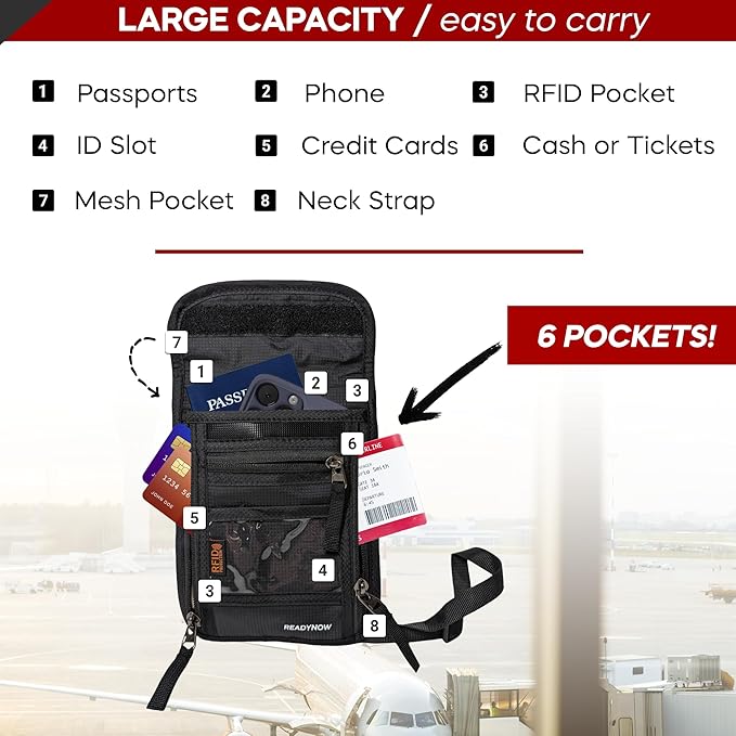 Travel Neck Wallet Passport Holder with RFID Blocking – Lightweight Pouch, Secure Organizer with 3 Zipper Pockets, ID Window, Adjustable Strap, Breathable Mesh Back – 8"x6" (Zipper Pocket Neck Wallet)