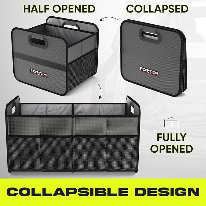 FORTEM Car Trunk Organizer, Collapsible Two Compartment Organizer, Foldable SUV & Truck Storage for Car Accessories for Women Men, Non Slip Bottom, Sturdy Side Walls, Strong Handles, 45L
