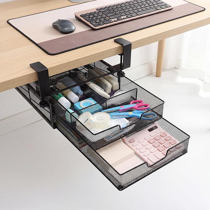 Cedilis Under Desk Drawer Organizer Slide Out, 2-Tier Metal Under Table Storage Drawers Clamp On for Home Office, Black, No Drilling