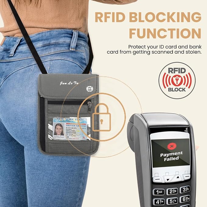 Passport Holder for Travel, RFID Passport Wallet with Visual Window Design, Multifunctional Document Organizer, Waterproof Travel Pouch Neck Wallet for Men and Women, Grey