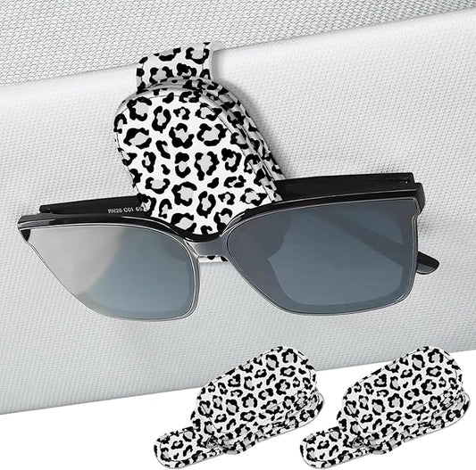 2 Pack Sunglass Holder for Car Visor, Universal Magnetic Car Sunglass Holder for Different Size Eyeglasses, Car Visor Accessories (Leopard-White)