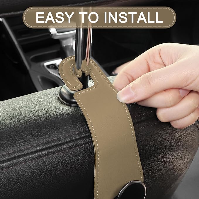 JESTOP Car Headrest Hooks, 2 Pack Leather Car Seat Storage Hanger for Purses Bags, Stylish Car Seat Organizer Hooks for Handbag Coat Umbrellas, Car Inside Accessories, Apricot
