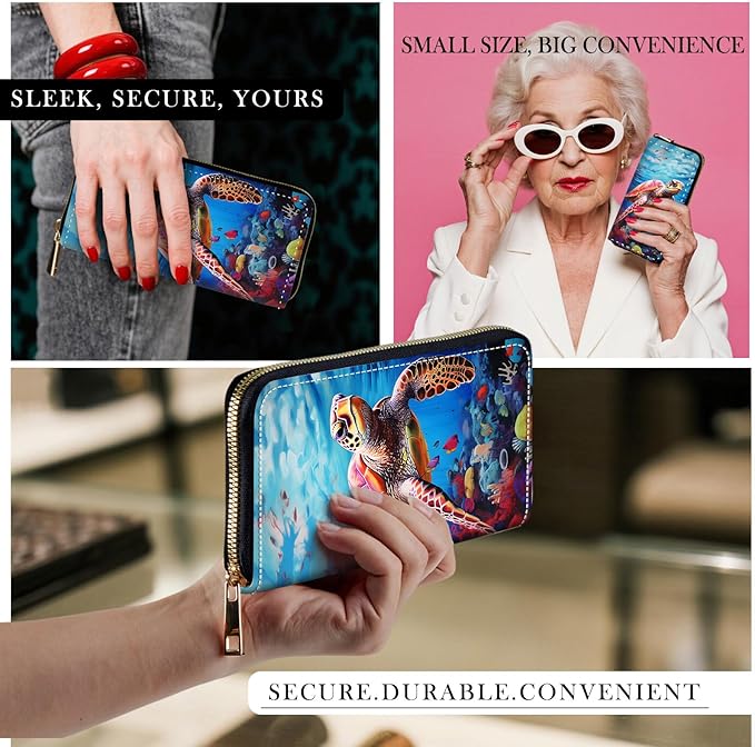 RFID-Blocking Zip Around Wallets for Women with Detachable Wrist Strap,Large Capacity Phone Holder with Card Organizer & Coin Pocket,Sea Turtle Swimming Underwater
