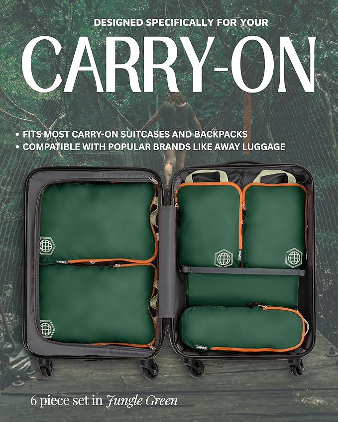 Compression Packing Cubes for Travel, 6-Piece Lightweight Packing Cubes Set for Carry-On Luggage & Backpacks – TRIPPED Travel Gear (Green and Orange)