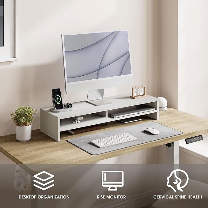 Fenge Monitor Stand, 31.5 Inch Computer Monitor Riser for Desk, 2 Tiers Wood Desk Shelf with Storage, Desktop Organizer for PC, Laptop, Screen, Printer