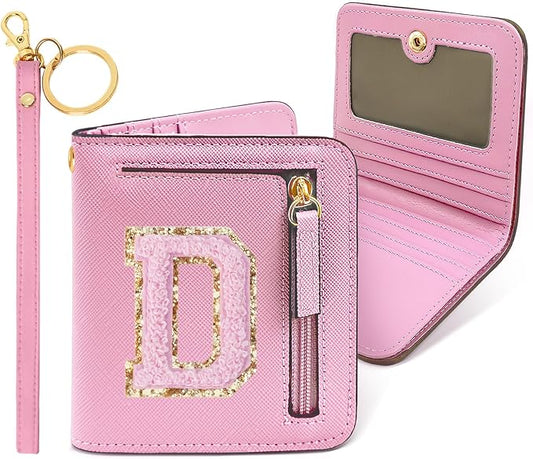 COSHAYSOO Preppy Wallet Gifts for Teen Girls Women Small Wallet RFID Bifold PU Leather Christmas Valentines Easter Mothers Fathers Day Nurse Appreciation Graduation Gifts Chenille Letter D Pink