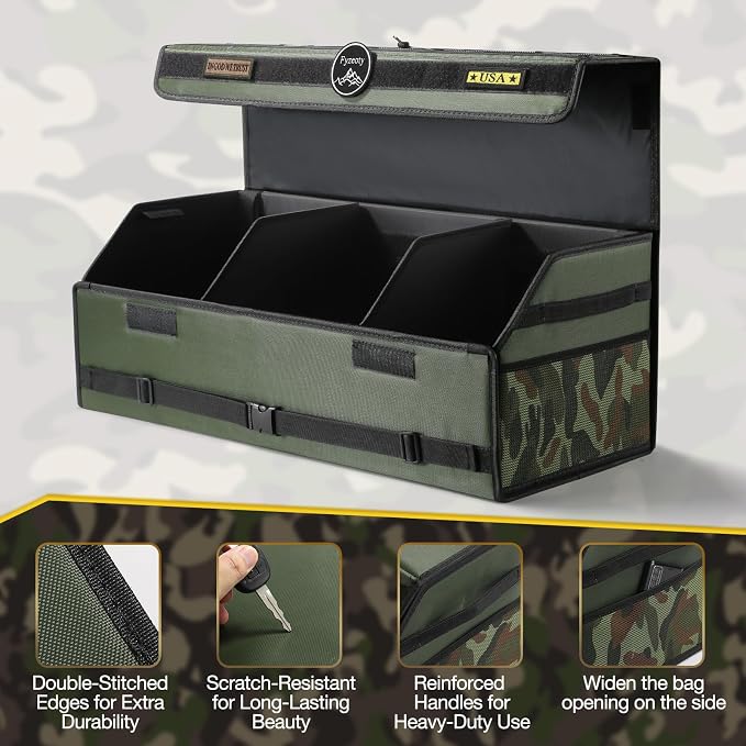 Fyzeoty Car Organizers and Storage - Trunk Organizer for Suv Car,Car Trunk Oxford Fabric Storage Box,Extra Large,Customizable Tactical Lid,Collapsible and Adjustable Tactical-Green