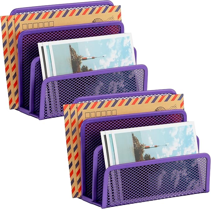 EASEPRES Desk Mail Organizer, Office Small Desktop Metal Mesh Envelope Letter Sorter Paper File Holder Organizer with 3 Vertical Upright Compartments, Purple 2 Pack
