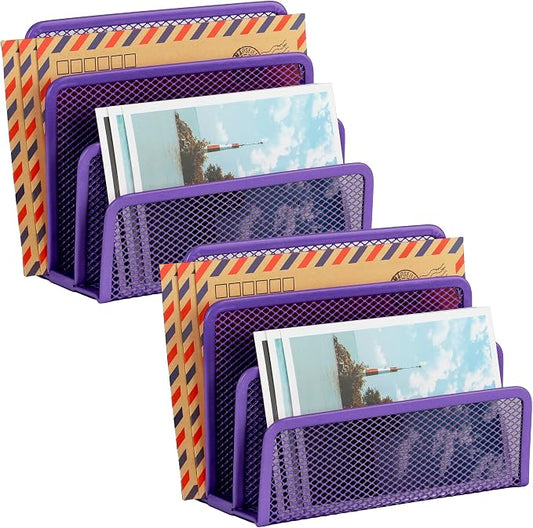 EASEPRES Desk Mail Organizer, Office Small Desktop Metal Mesh Envelope Letter Sorter Paper File Holder Organizer with 3 Vertical Upright Compartments, Purple 2 Pack