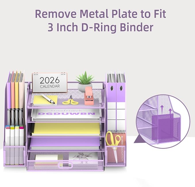 SUPEASY Mesh Desk Organizer with File Holder, 5-Tier Paper Letter Tray Organizer with Magazine Holder, Desktop Organizer and Storage with Drawer for Office Supplies Home or School (Purple)