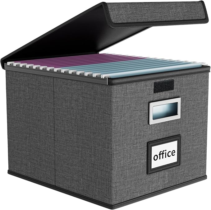 File Organizer Box with Lid, Collapsible File Folder Organizer for Office Document Storage, Filing Box with Plastic Slide for Letter Size Hanging File Folders(1 Pack, Dark Grey)